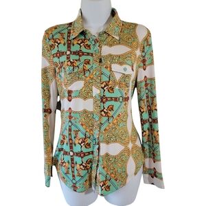 Timing Multicolored Equastrian Print Button Up Shirt Sz M Horse Western Cowgirl